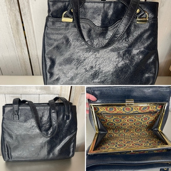Vintage 1970s Navy Faux Leather Shoulder Hand Bag Fabric Print Interior - Picture 1 of 10